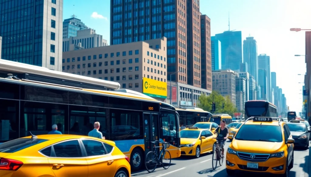 Transportation network showcasing modern vehicles bustling in a cityscape, depicting urban mobility.