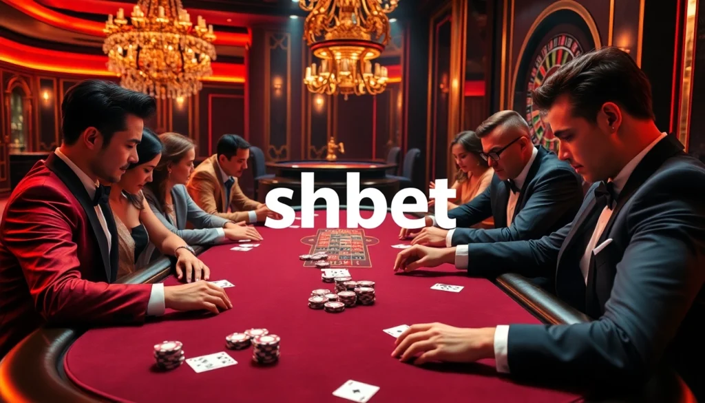 Shbet casino players engaging at a high-stakes poker table with dynamic elements.