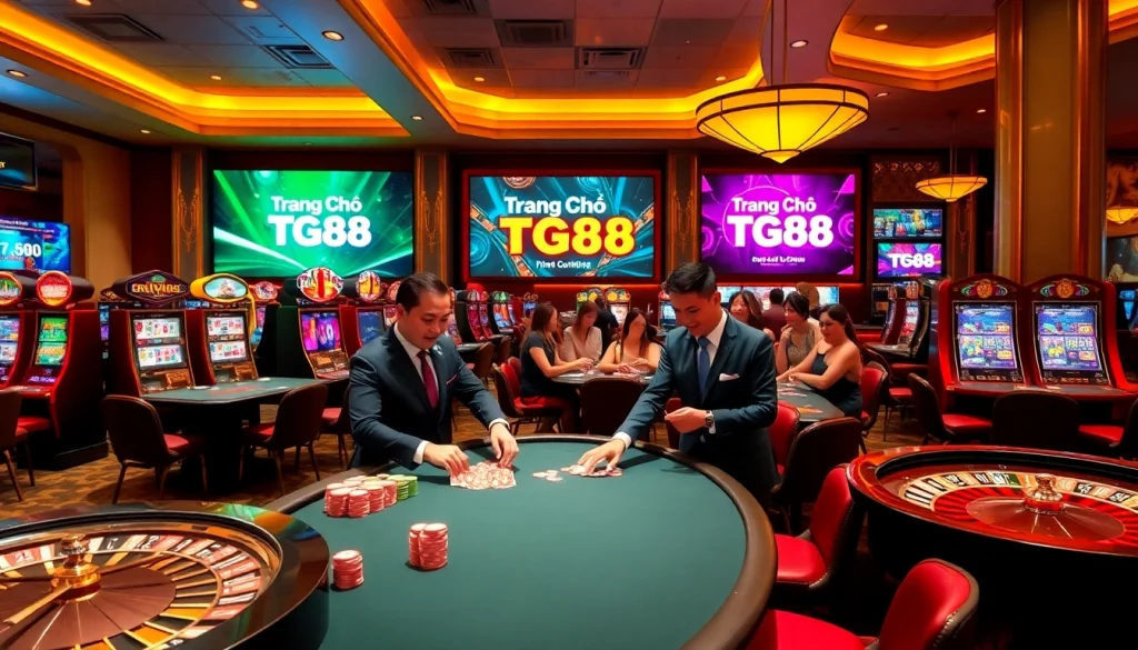 Exciting gaming scene at trang chủ tg88 with poker tables, lively players, and vibrant slot machines.
