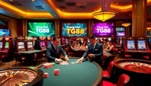 Exciting gaming scene at trang chủ tg88 with poker tables, lively players, and vibrant slot machines.