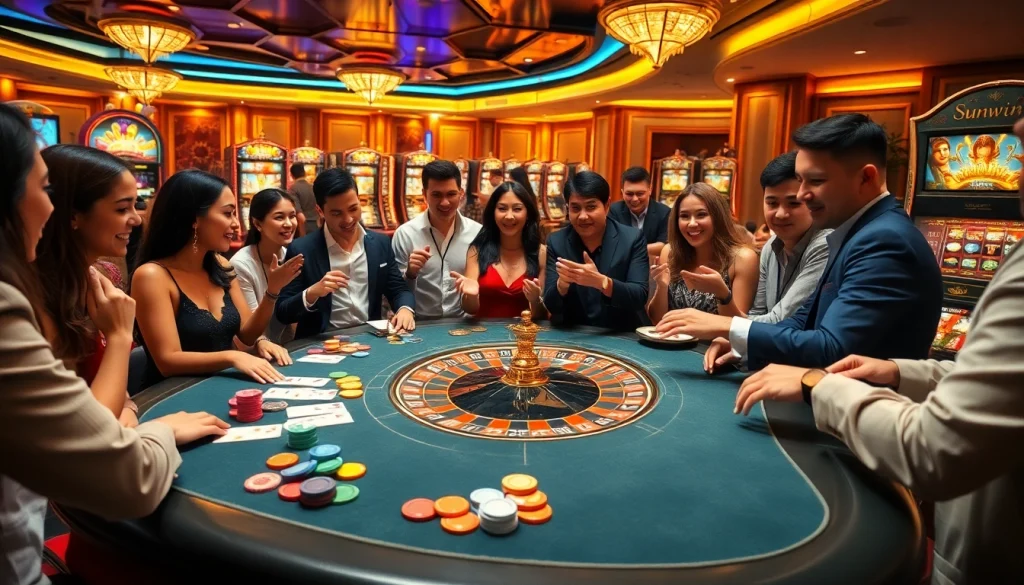 Exciting gameplay experience at sunwin casino featuring vibrant gaming tables and immersive slot machines.