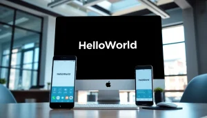 HelloWorld电脑版 interface displayed on a modern workspace computer with smartphone, showcasing seamless connectivity.