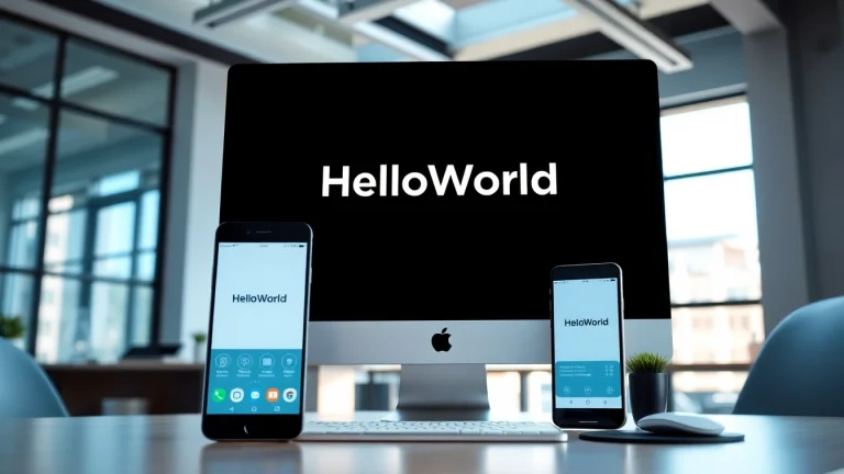 HelloWorld电脑版 interface displayed on a modern workspace computer with smartphone, showcasing seamless connectivity.