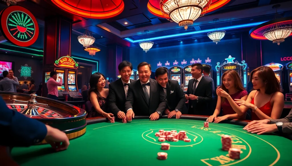 Players experiencing excitement at the LC88 online casino, surrounded by roulette wheels, slot machines, and poker chips.
