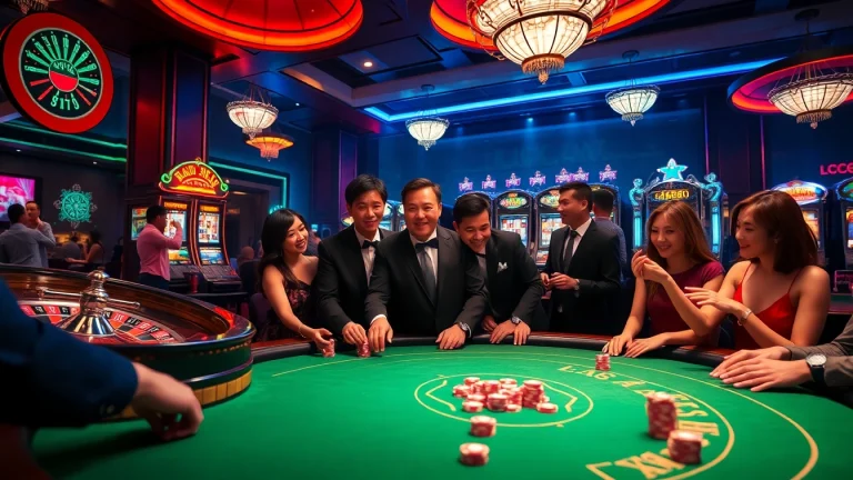 Players experiencing excitement at the LC88 online casino, surrounded by roulette wheels, slot machines, and poker chips.