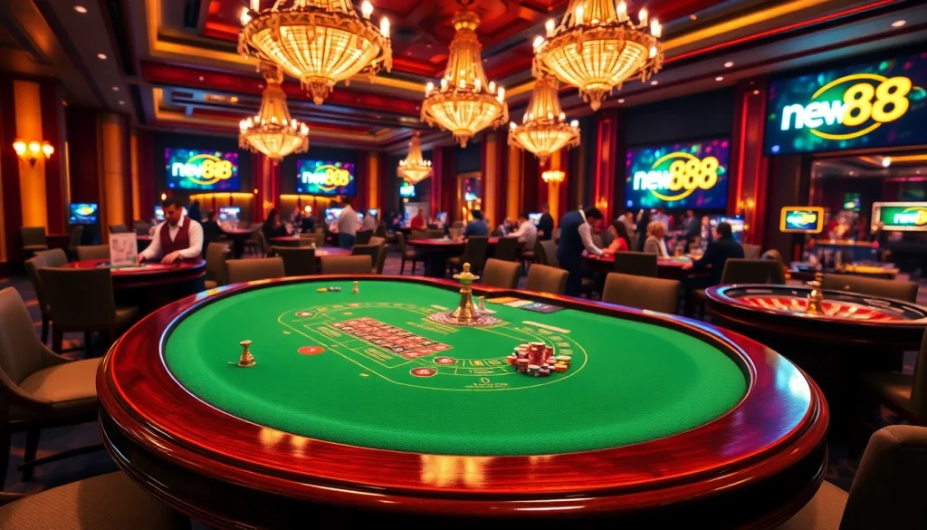 Experience the thrill of gambling with new888 at a vibrant casino featuring blackjack and roulette tables.