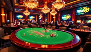 Experience the thrill of gambling with new888 at a vibrant casino featuring blackjack and roulette tables.