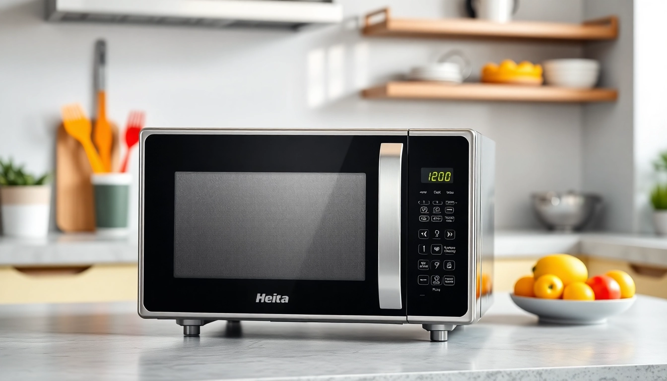 View a modern affordable microwave oven in a stylish kitchen setting.
