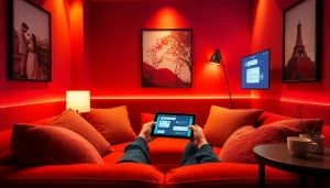 Engaging in ai sexting with a cozy setup featuring AI chat interfaces and intimate decor