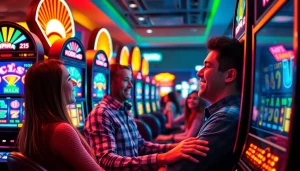 Kode4d slot machine gaming experience with joyful players and vibrant colors