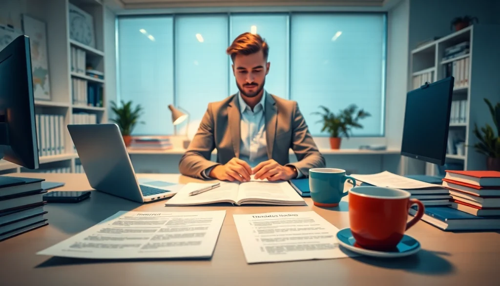 Professional workspace illustrating traducere autorizată services with a translator at work.