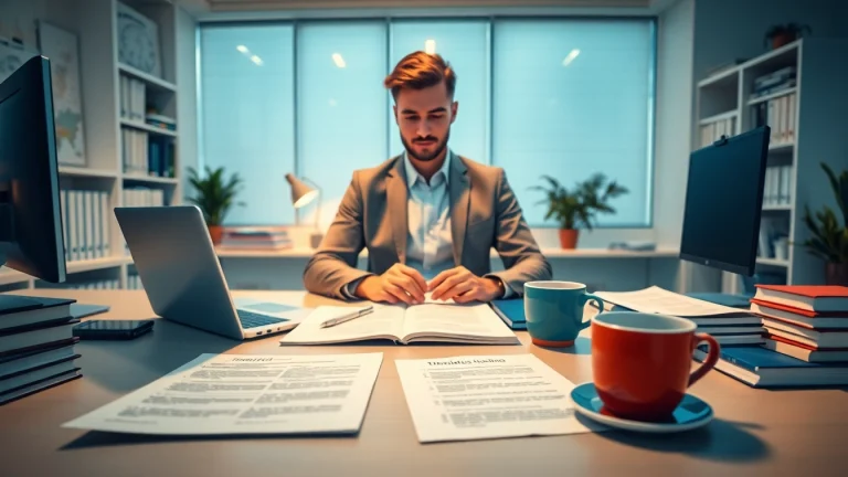 Professional workspace illustrating traducere autorizată services with a translator at work.