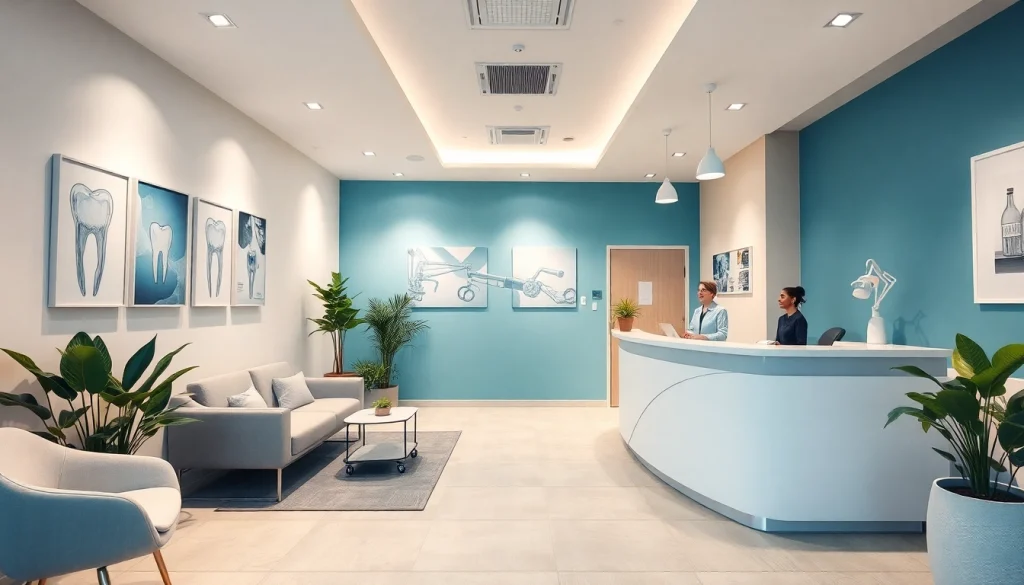 Welcoming reception area of a clinic gigi near me with modern decor and friendly staff.