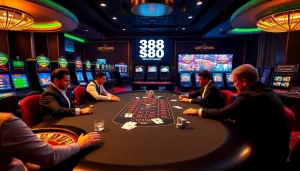 Players at a poker table showcasing the thrill of the game with s88 gaming elements around the luxurious casino.