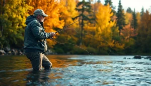 Fly fishing apparel worn by a fisherman casting line in a serene river setting.