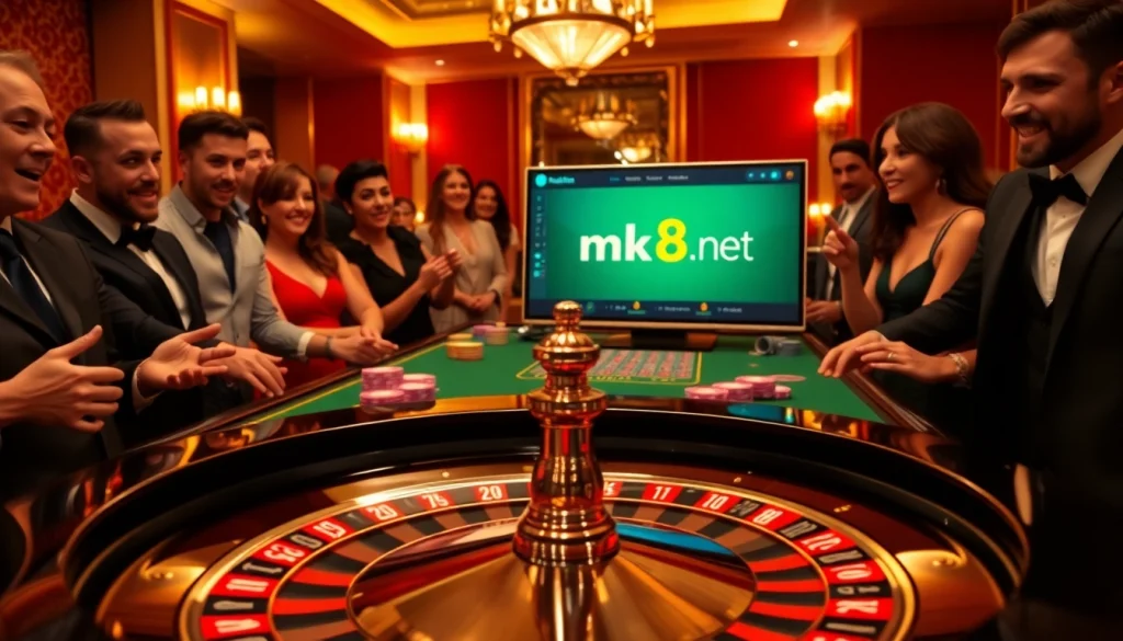 Gamblers enjoying a thrilling experience at mk8th.net with roulette and vibrant casino elements.