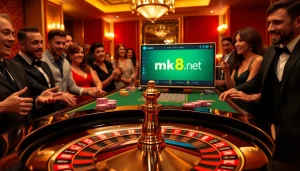 Gamblers enjoying a thrilling experience at mk8th.net with roulette and vibrant casino elements.