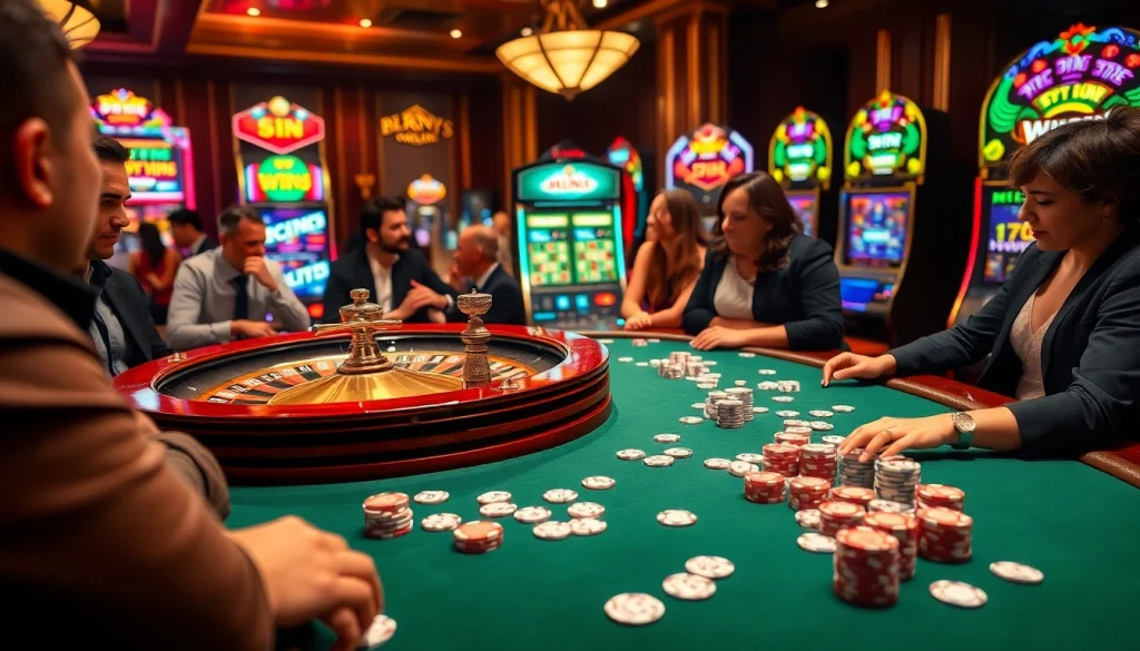 Exciting poker action at https://www.6rwin5.com/ casino with vibrant chips and illuminated roulette.