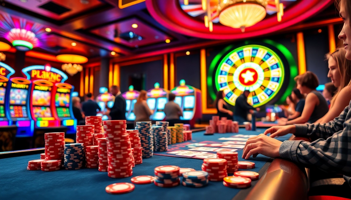 Engaging scene of players at a casino table featuring onicplay gaming elements, poker chips, and roulette.