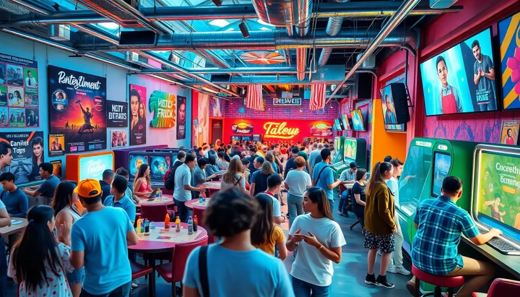 Engaging entertainment hub scene reflecting the essence of https://kjc365.com/ with vibrant colors and activities.