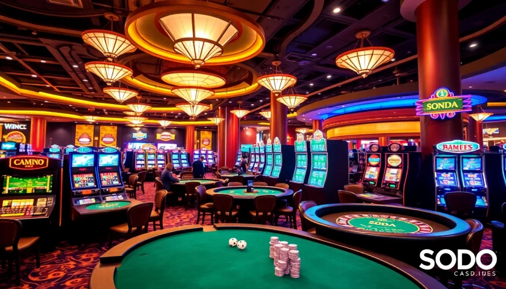 SODO Casino players engaging in thrilling games at vibrant poker, roulette, and slot tables.