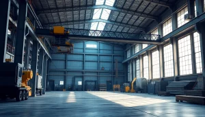 Bridge crane lifting heavy steel beams in a modern industrial warehouse.