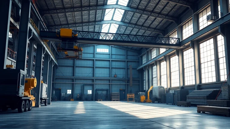 Bridge crane lifting heavy steel beams in a modern industrial warehouse.