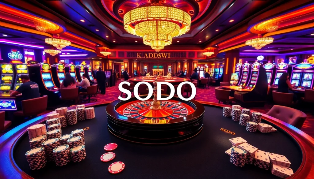 SODO Casino scene featuring a luxurious atmosphere with poker tables, roulette wheels, and vibrant slot machines.