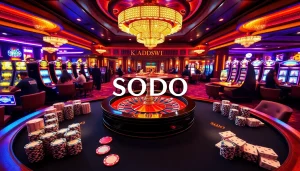 SODO Casino scene featuring a luxurious atmosphere with poker tables, roulette wheels, and vibrant slot machines.
