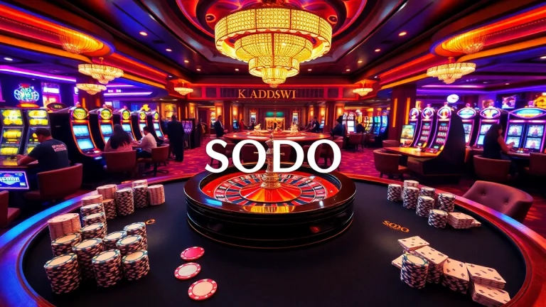 SODO Casino scene featuring a luxurious atmosphere with poker tables, roulette wheels, and vibrant slot machines.