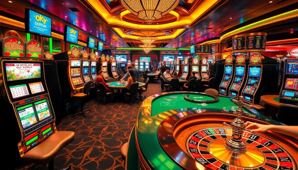 Players enjoying the vibrant casino atmosphere while engaging with OKFUN gaming tables and thrilling slot machines.