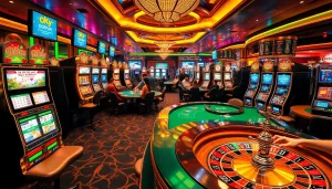 Players enjoying the vibrant casino atmosphere while engaging with OKFUN gaming tables and thrilling slot machines.