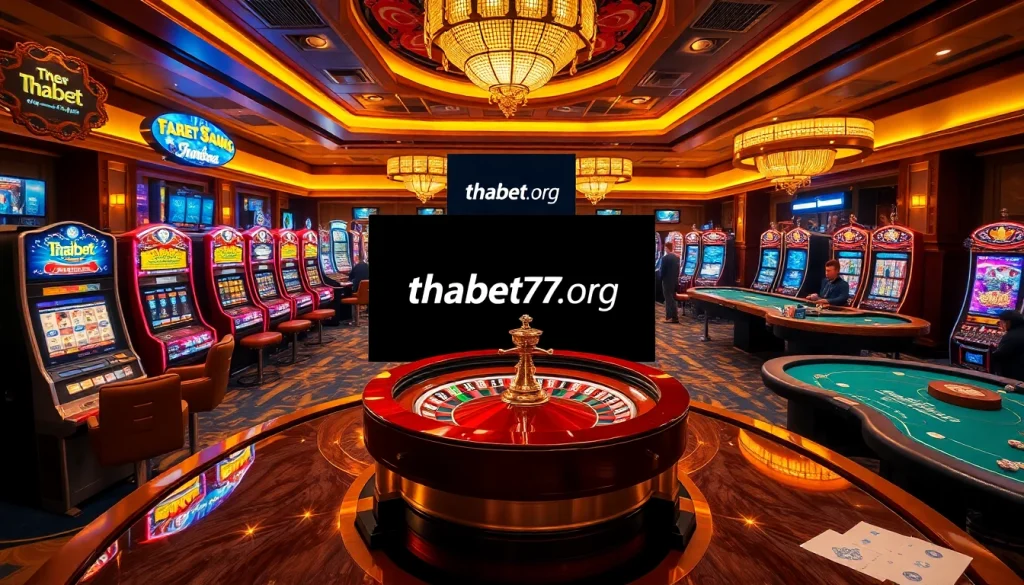 Experience thrilling casino games and excitement at thabet77org, featuring vibrant slot machines and poker tables.
