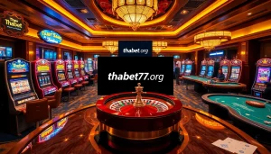 Experience thrilling casino games and excitement at thabet77org, featuring vibrant slot machines and poker tables.