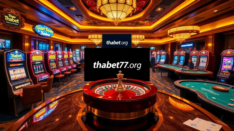 Experience thrilling casino games and excitement at thabet77org, featuring vibrant slot machines and poker tables.