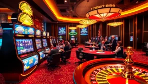 Tobet88 brings the excitement of online gambling to life with vibrant casino visuals featuring poker and slot games.