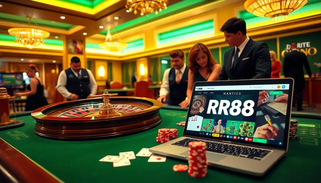 Experience the thrill of RR88 with vibrant casino visuals featuring roulette and poker games.