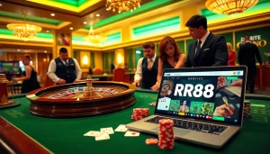 Experience the thrill of RR88 with vibrant casino visuals featuring roulette and poker games.