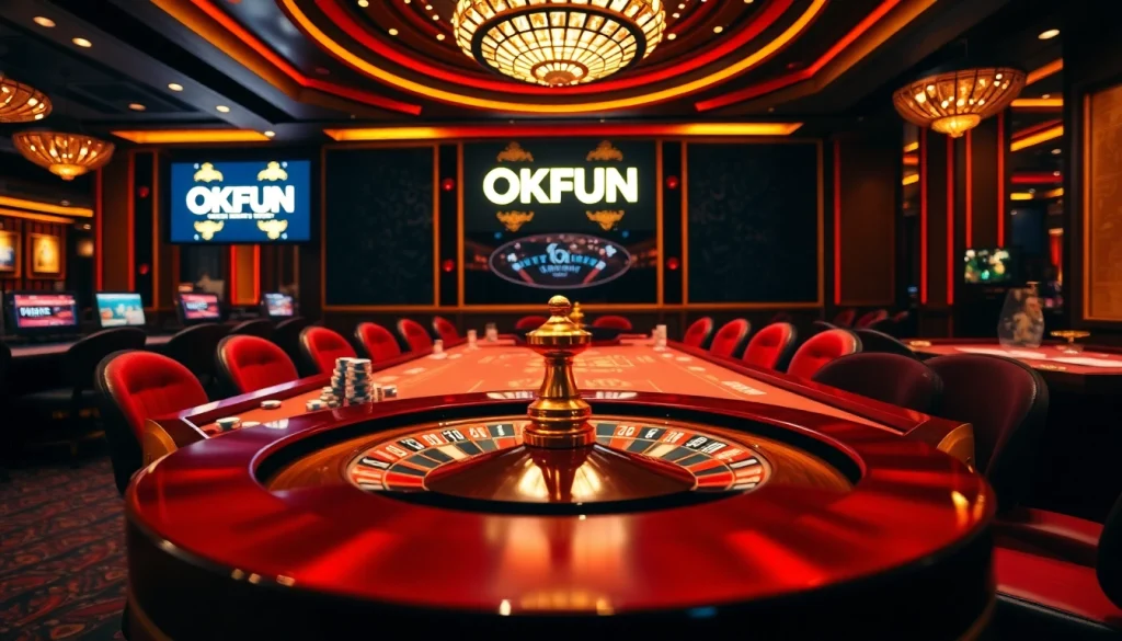 Experience the thrill of OKFUN casino with vibrant gaming tables and exciting gambling action.