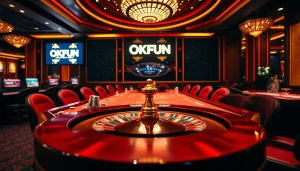 Experience the thrill of OKFUN casino with vibrant gaming tables and exciting gambling action.