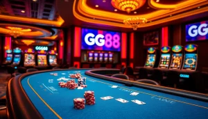 Engaging GG88 online gambling scene with gaming tables and vibrant slot machines.