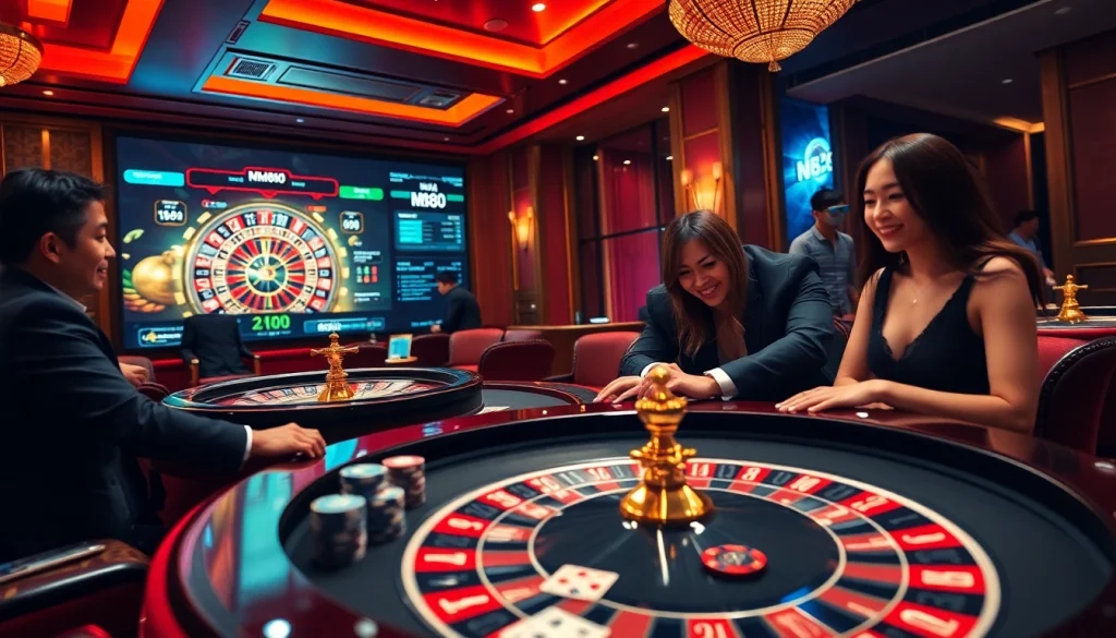 Betting excitement at Nhà cái Hm88's vibrant casino scene with poker and roulette.