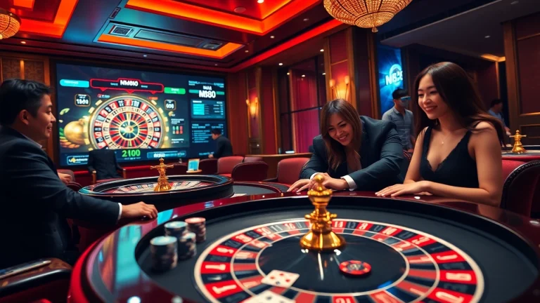 Betting excitement at Nhà cái Hm88's vibrant casino scene with poker and roulette.