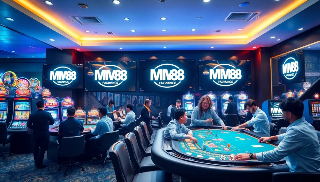 Explore the excitement of online gaming at https://mm88.center/ with vibrant casino scenes and happy players.