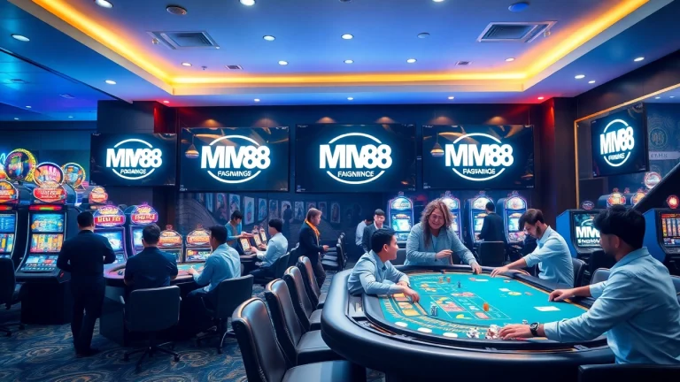 Explore the excitement of online gaming at https://mm88.center/ with vibrant casino scenes and happy players.