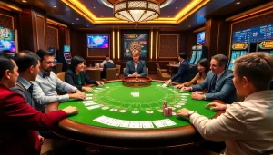 Players enjoying an exciting game at the LC88 casino table, with vibrant poker chips and cards.