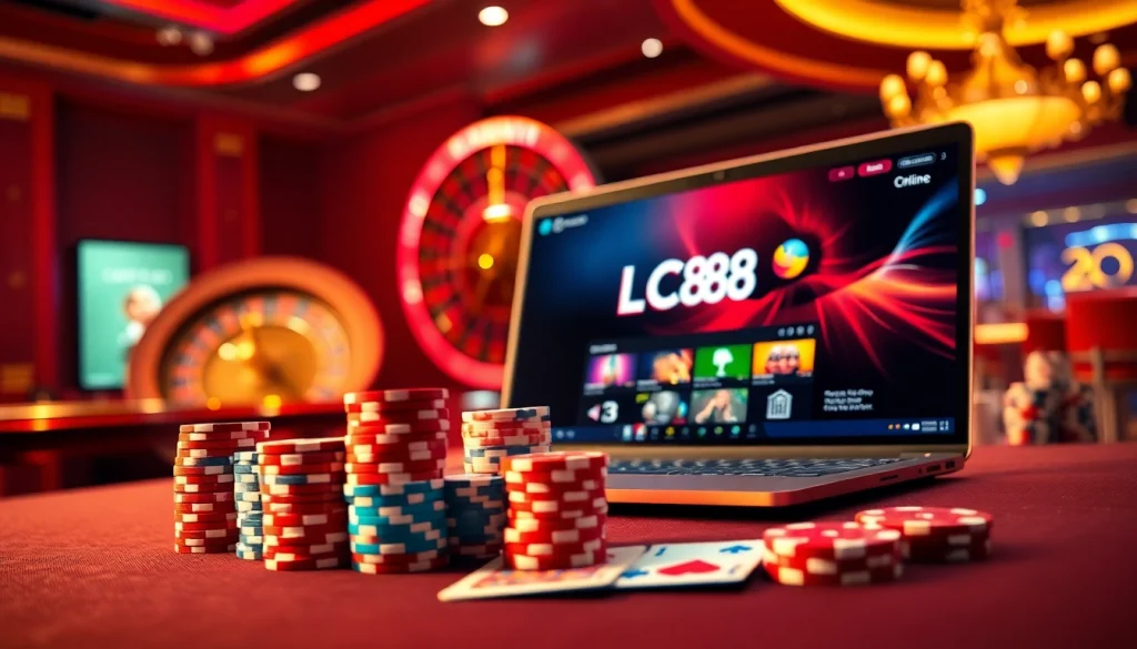 Engage in thrilling gaming at LC88 with vibrant colors and poker chips on display.