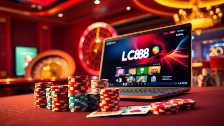 Engage in thrilling gaming at LC88 with vibrant colors and poker chips on display.