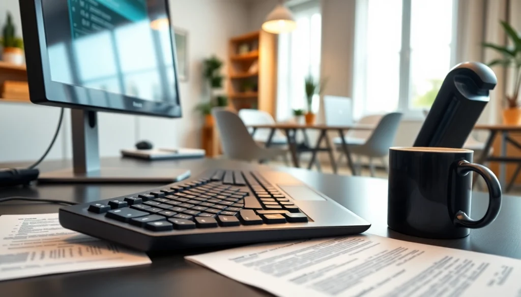 Efficient team collaboration at a professional typing center with organized documents and modern technology.