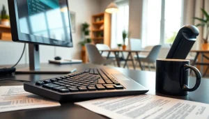 Efficient team collaboration at a professional typing center with organized documents and modern technology.